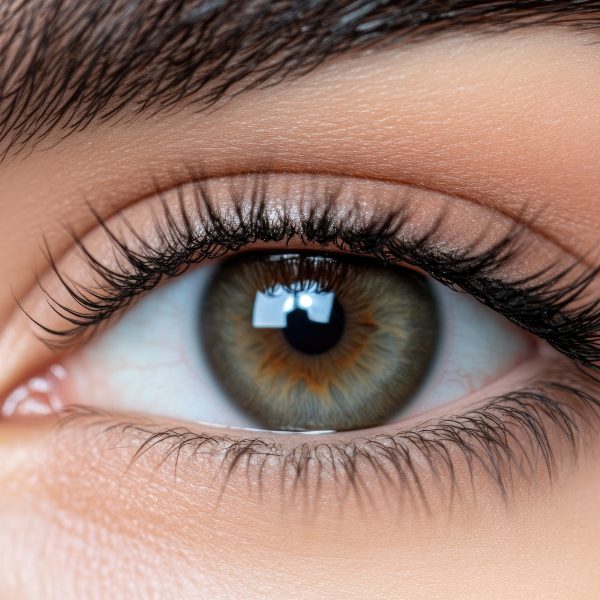 Close-up of a woman's eye with perfect lashes and makeup