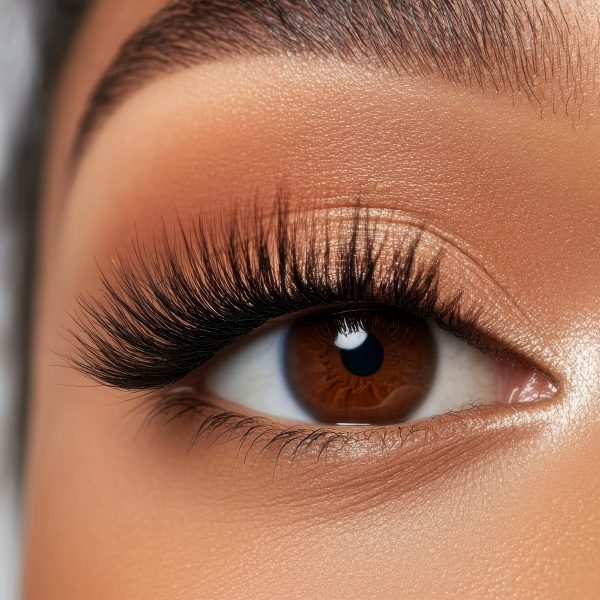 Close up of a woman's eye with brown iris, long dark lashes, and gold glitter eyeshadow. Soft lighting and neutral