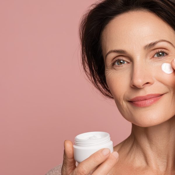 Happy middle aged woman applying moisturizing anti aging cream on her face, promoting skincare and beauty for mature skin on a pink background