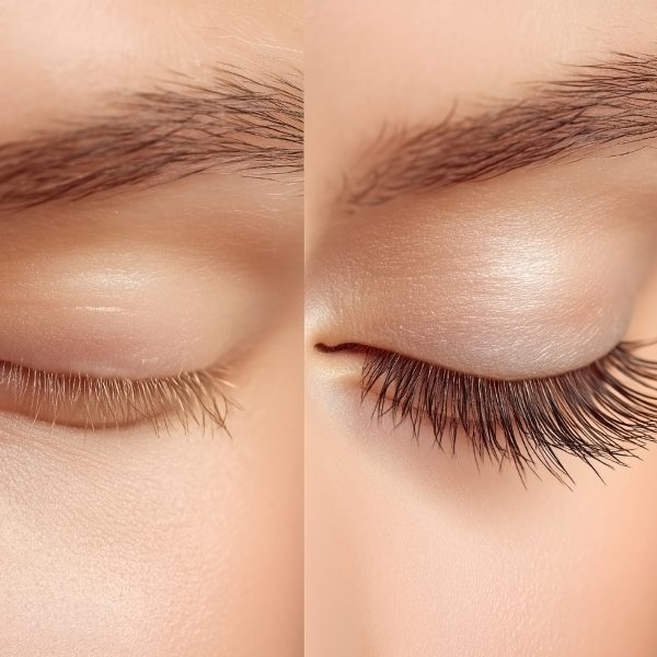 Close-up before and after eyelash growth on closed female eyes with natural makeup, perfect for cosmetic product or lash serum advertisement