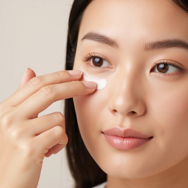 Asian woman applying white eye cream under eyes with finger. Skincare beauty routine eye care anti aging treatment moisturizing cosmetic dermatology wellness