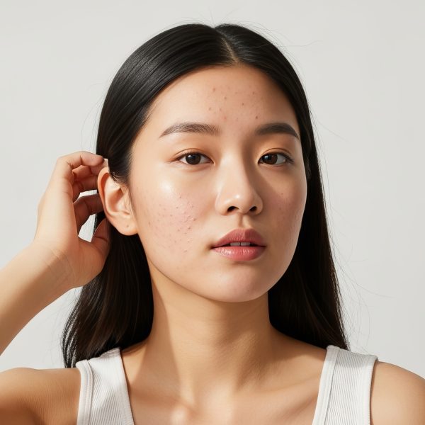 Portrait of a young woman with dark hair and acne skin